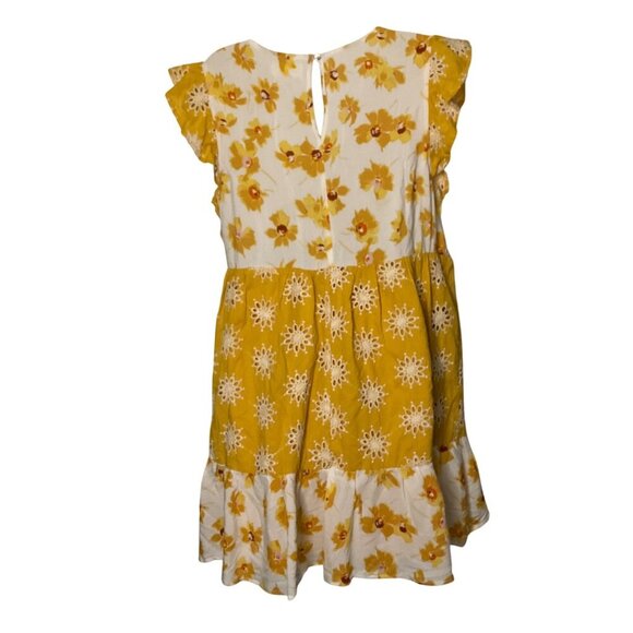 Melloday Floral Yellow & White Tiered Dress Square Neck & Ruffled Boho flowy L - Picture 12 of 13